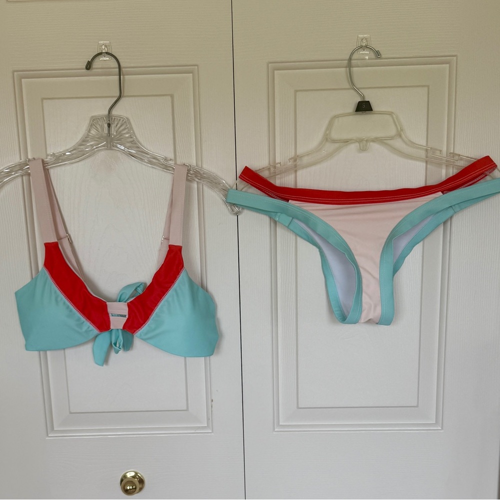 Sexy, Cheeky Red, Blush Pink and blue Colorblocked Bikini 👙
